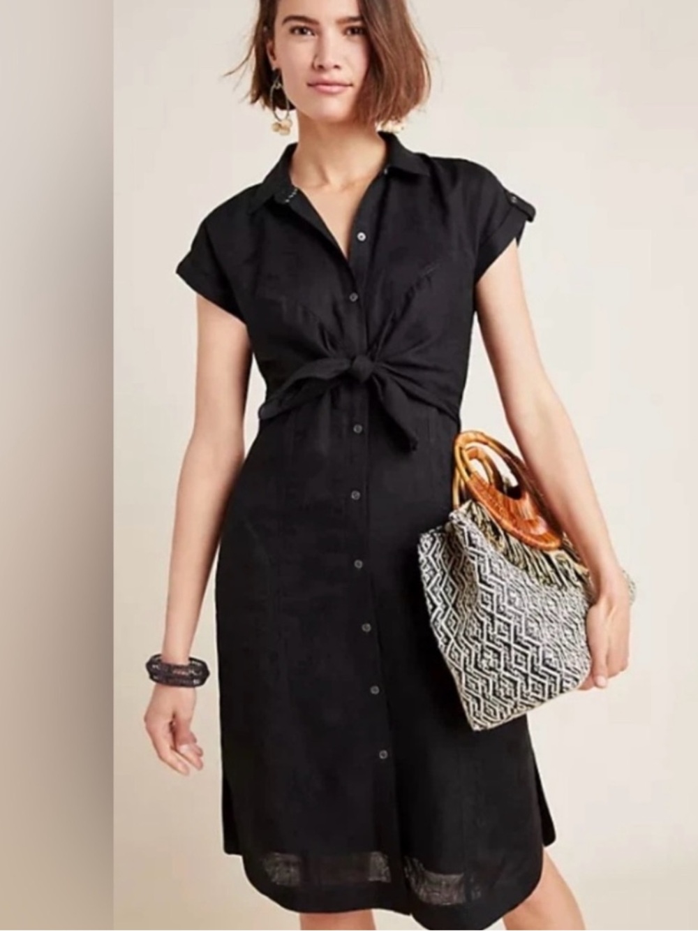 Anthropologie Kamryn Tie Front Shirtdress Size 8 Black Linen Blend NWT